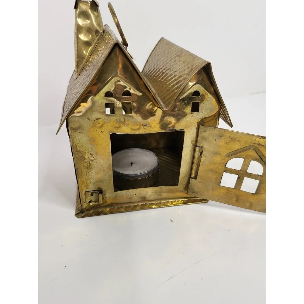 Vintage Brass Metal House Tea Light Candle Holder Gold Decorative Lantern 6.5in
